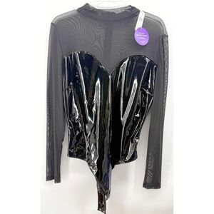 Windsor Bodysuit Womens XL Black Faux Patent Leather Body Sheer Teen Bustier